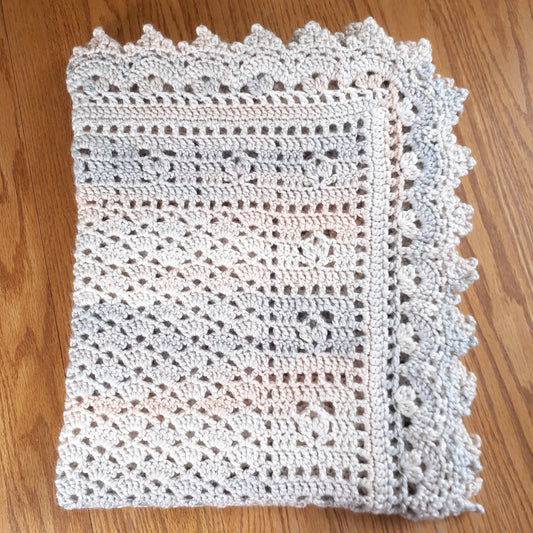 Handmade Crochet Baby Blanket Royalty Shaded Ivory Gray Peach Cotton Blend