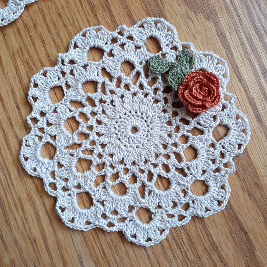 Handmade Crochet Accent Doily Set of 2 Papaya Rose Doilies Coasters