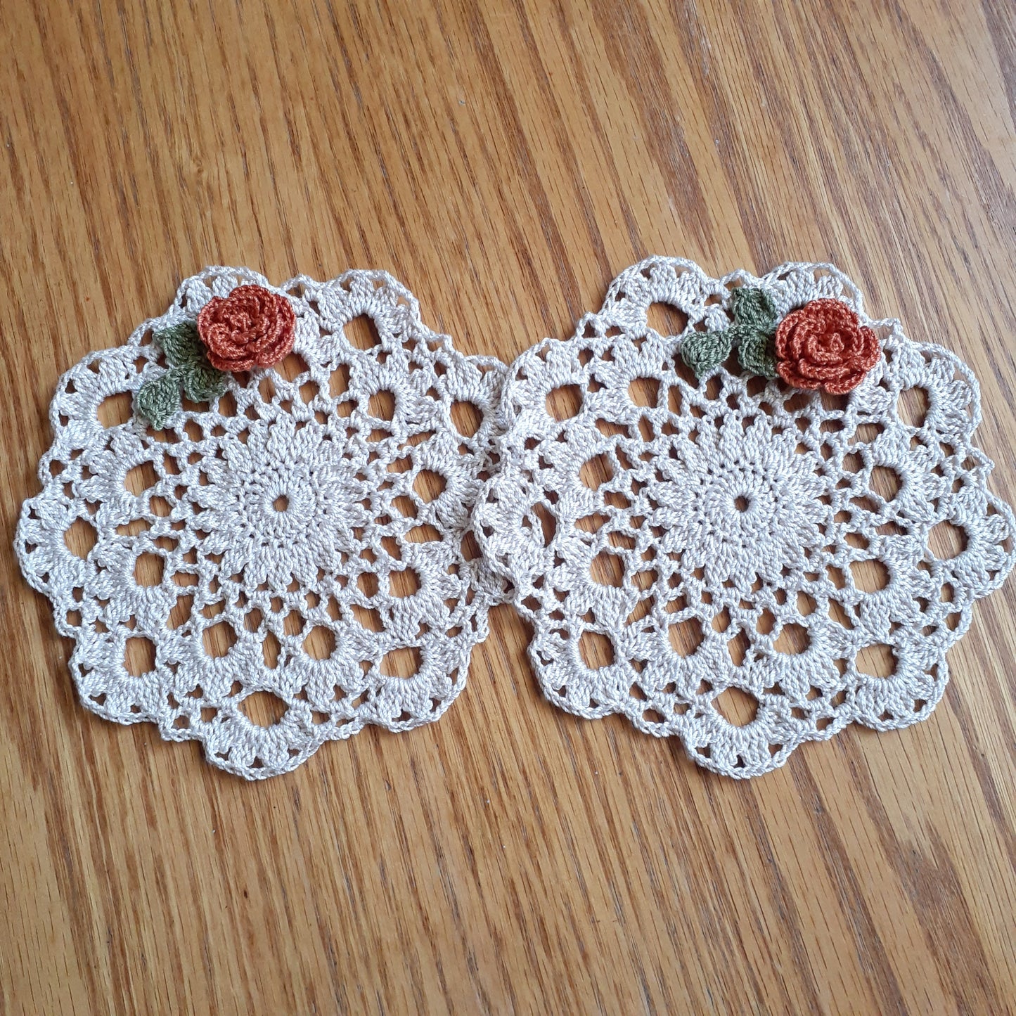 Handmade Crochet Accent Doily Set of 2 Papaya Rose Doilies Coasters
