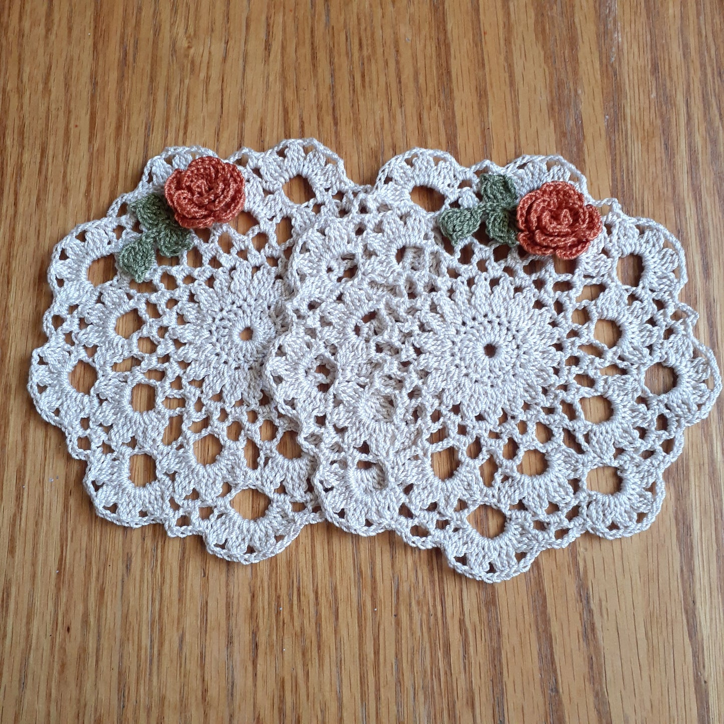 Handmade Crochet Accent Doily Set of 2 Papaya Rose Doilies Coasters
