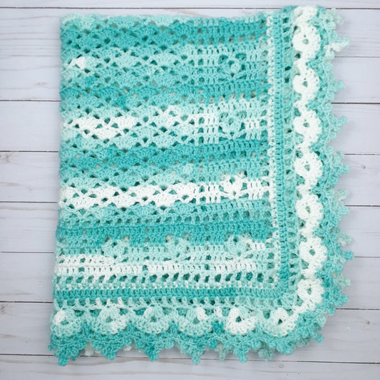 Handmade Crochet Baby Blanket Royalty Shaded Green White