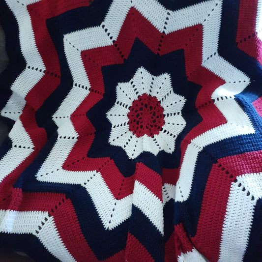 New Handmade Crochet Americana Star Blanket Afghan Red White Blue Patriotic