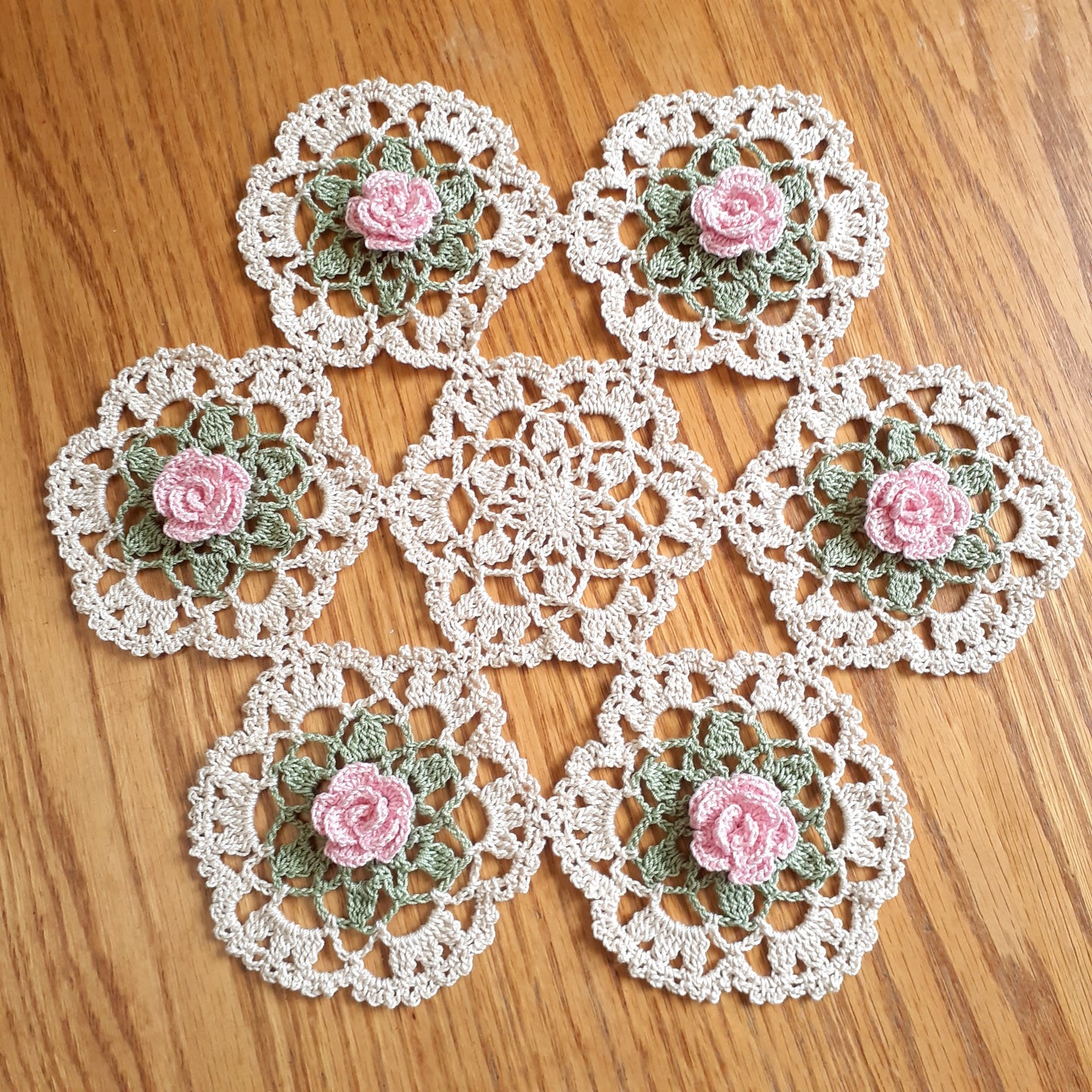 Handmade Crochet Doily Rose Vine Pink Floral Flowers