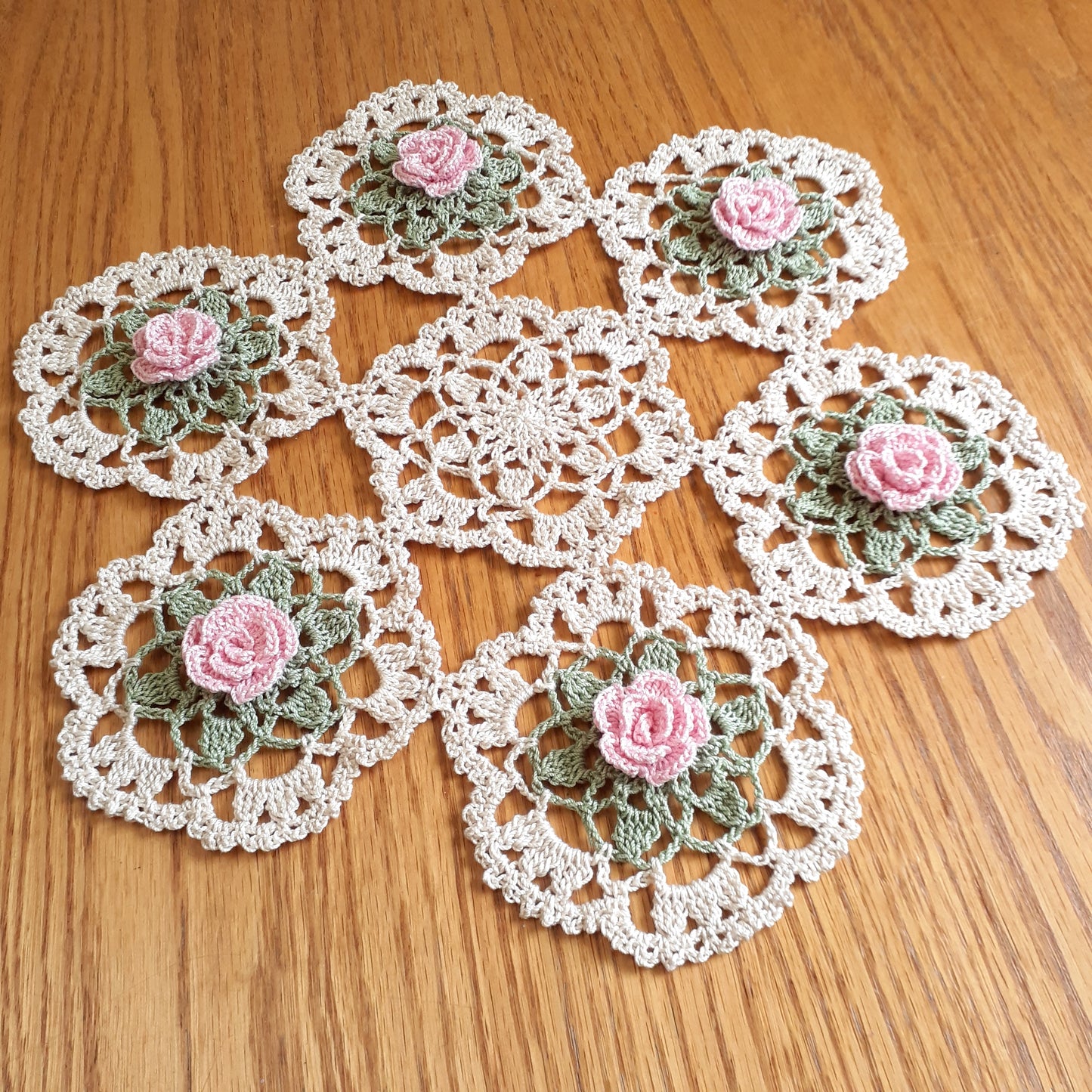 Handmade Crochet Doily Rose Vine Pink Floral Flowers