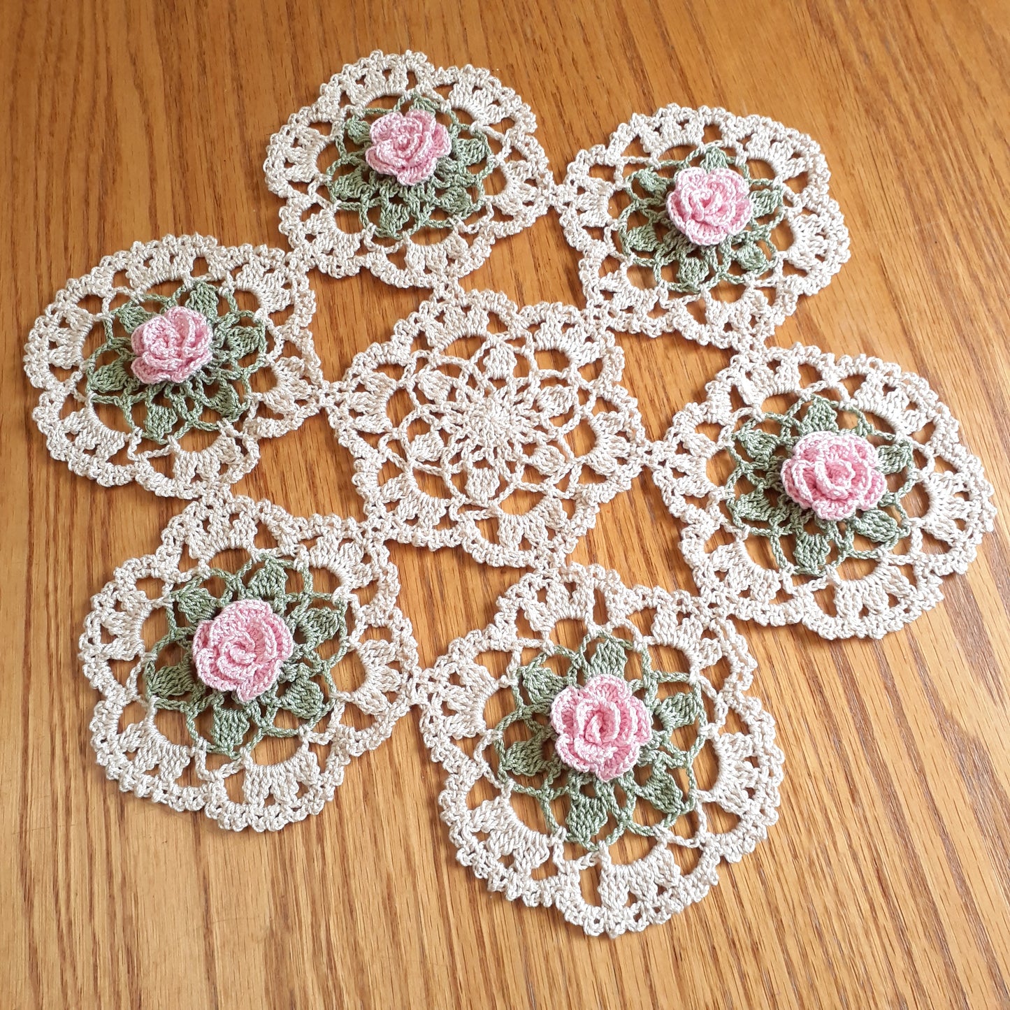 Handmade Crochet Doily Rose Vine Pink Floral Flowers
