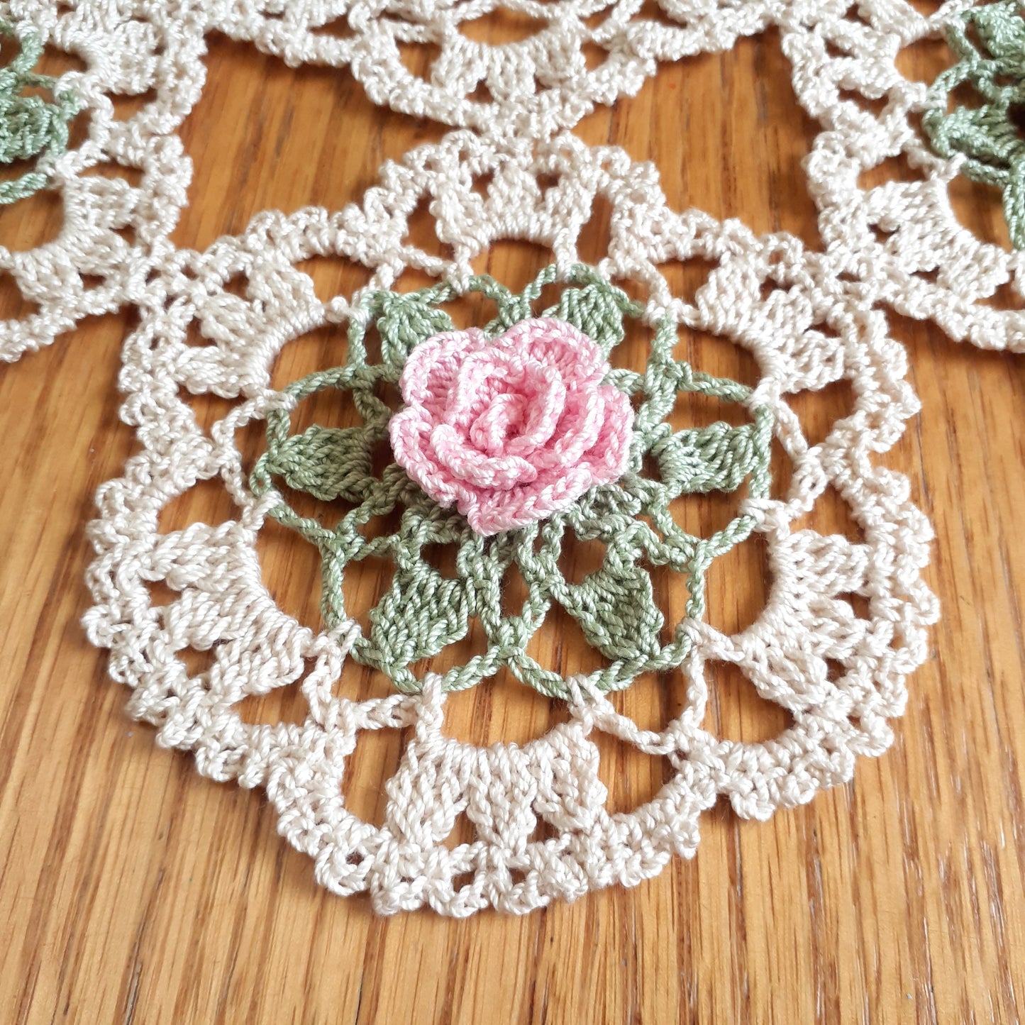 Handmade Crochet Doily Rose Vine Pink Floral Flowers