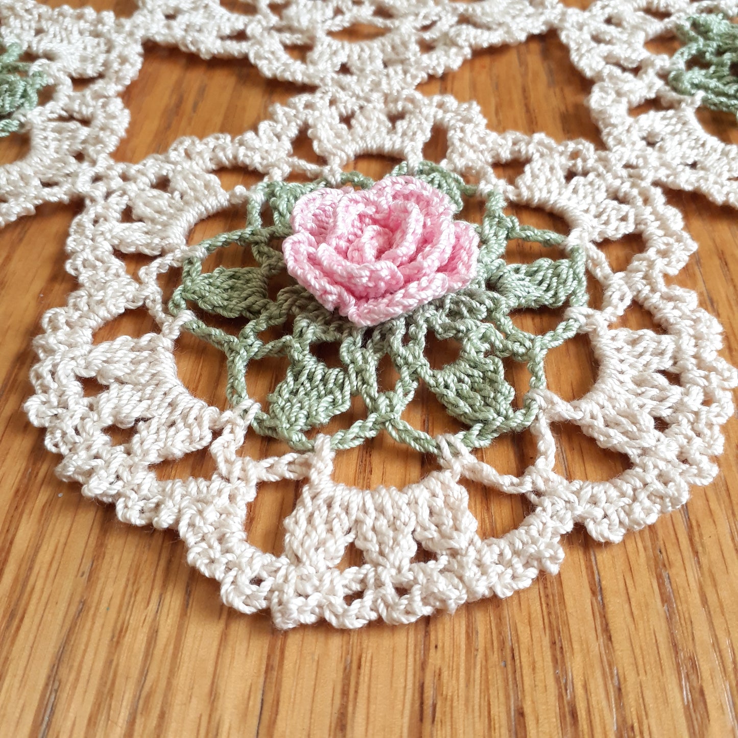 Handmade Crochet Doily Rose Vine Pink Floral Flowers