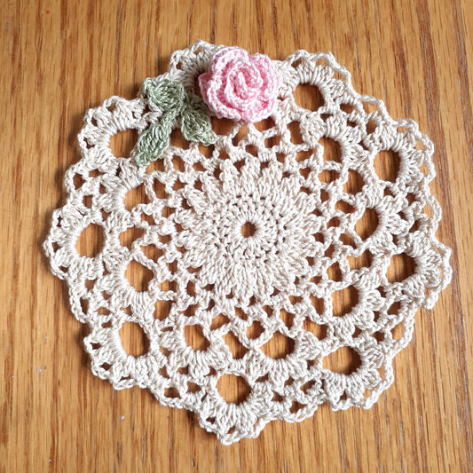 Handmade Crochet Accent Doily Set of 2 Pink Rose Doilies Coasters