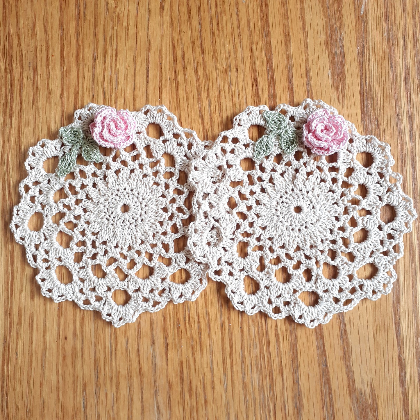 Handmade Crochet Accent Doily Set of 2 Pink Rose Doilies Coasters