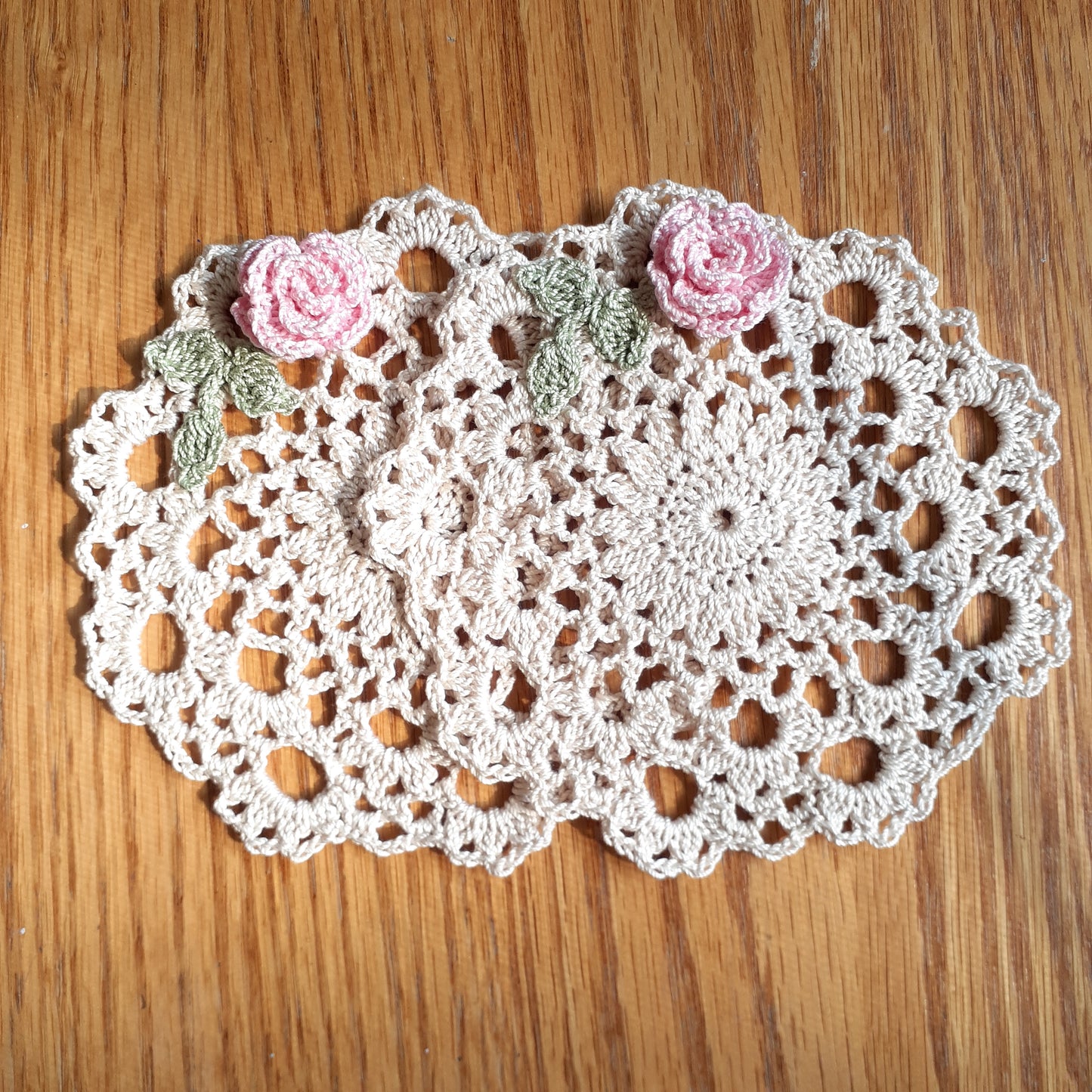 Handmade Crochet Accent Doily Set of 2 Pink Rose Doilies Coasters