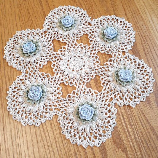 Handmade Bridal Blue Rose Crochet Doily Floral Flowers