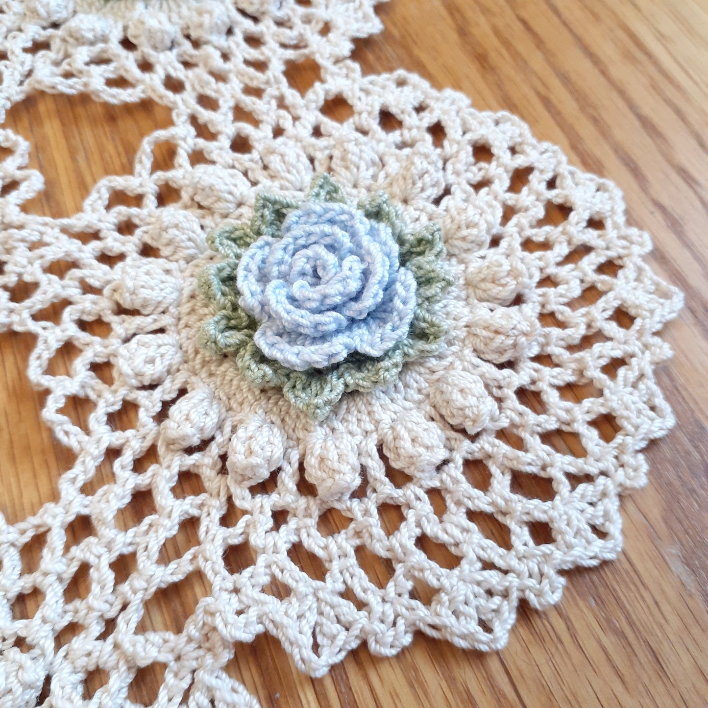 Handmade Bridal Blue Rose Crochet Doily Floral Flowers