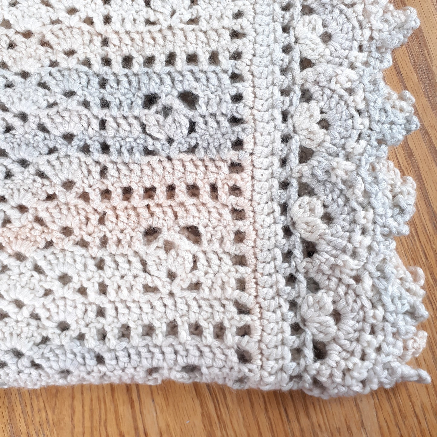 Handmade Crochet Baby Blanket Royalty Shaded Ivory Gray Peach Cotton Blend