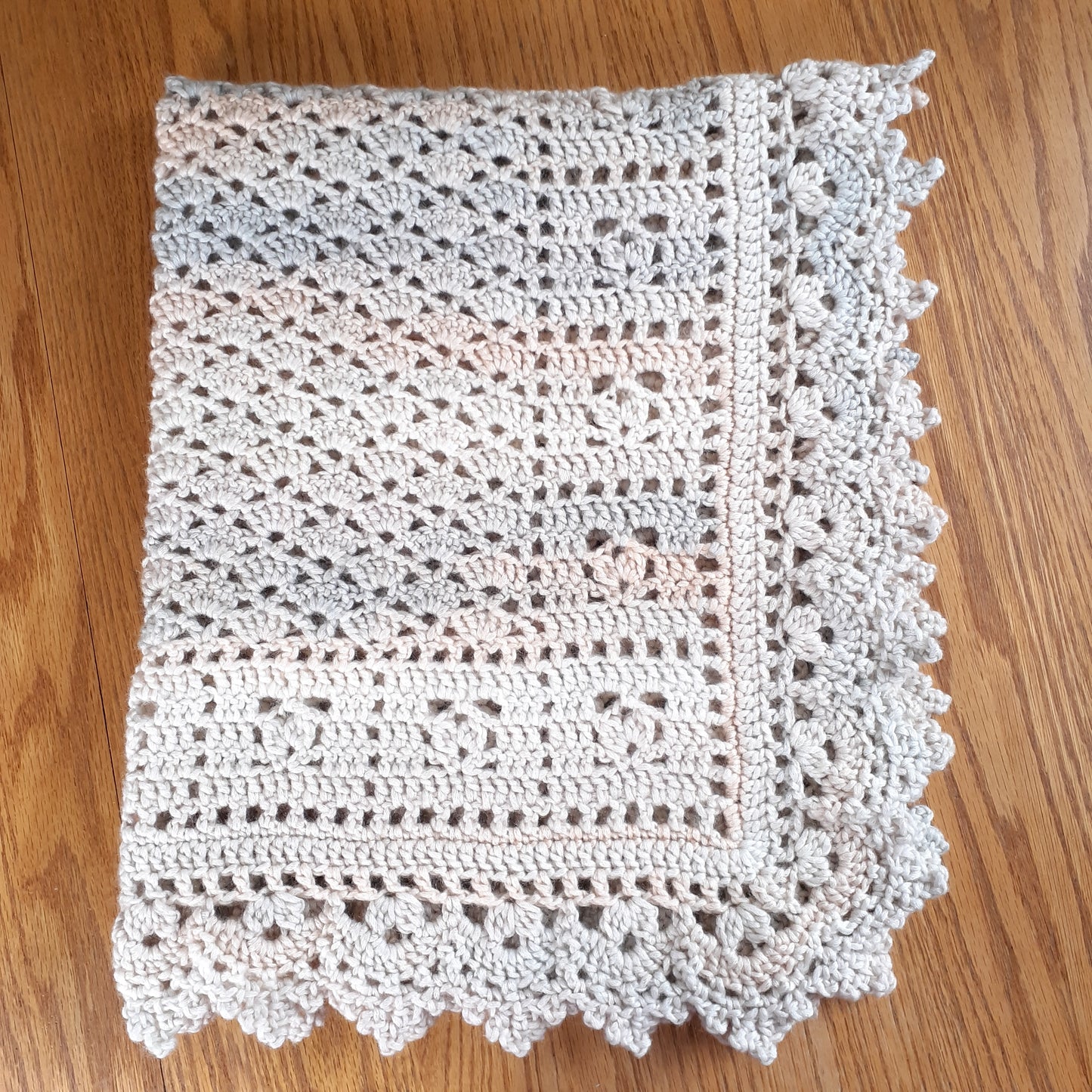 Handmade Crochet Baby Blanket Royalty Shaded Ivory Gray Peach Cotton Blend