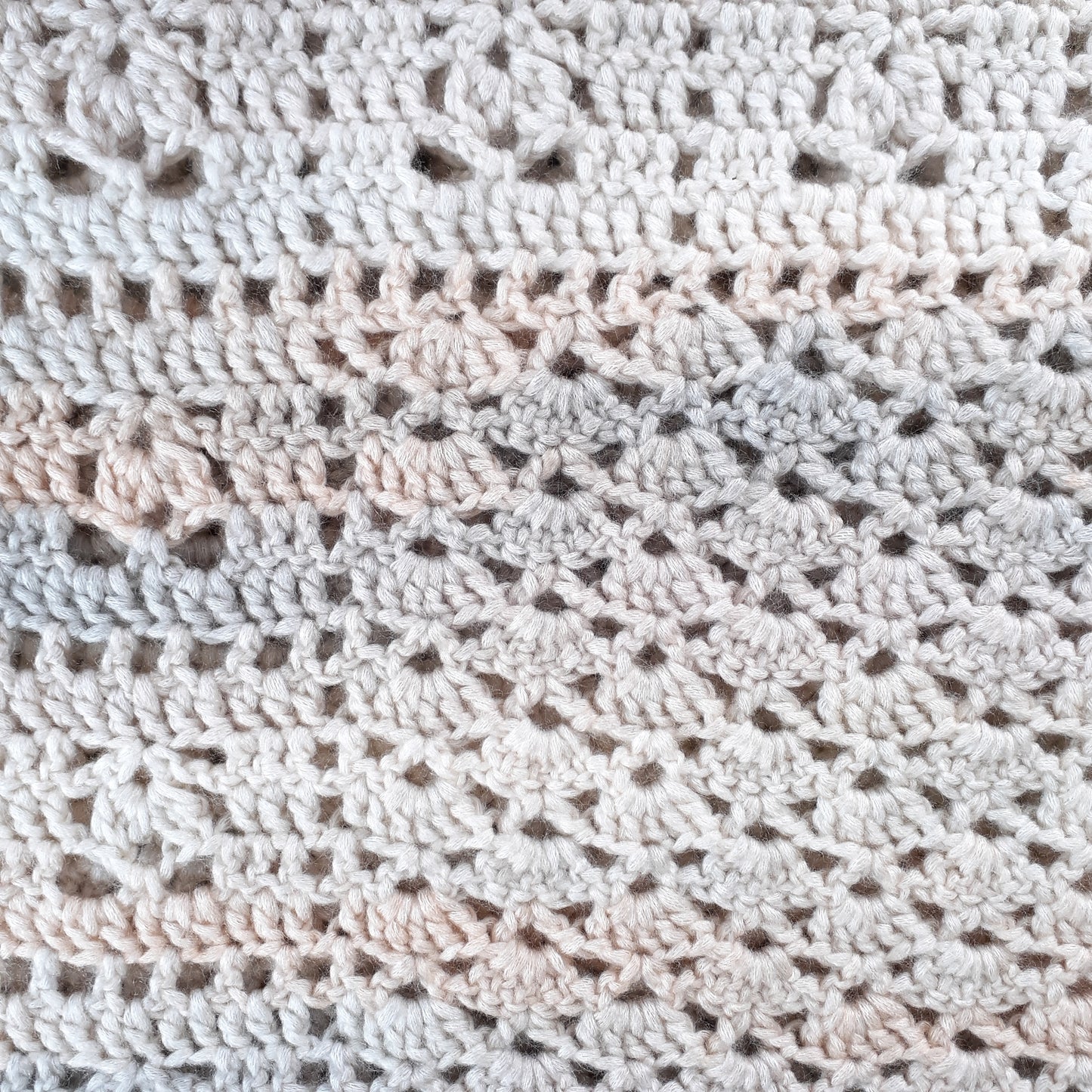 Handmade Crochet Baby Blanket Royalty Shaded Ivory Gray Peach Cotton Blend