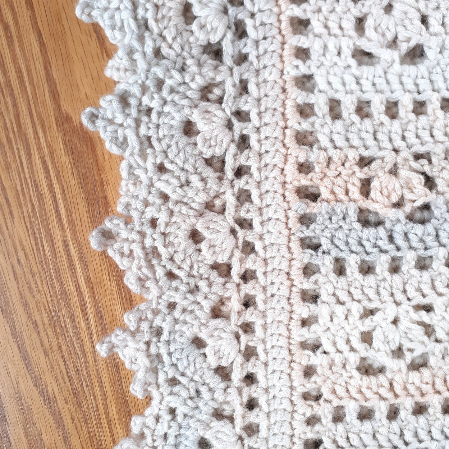 Handmade Crochet Baby Blanket Royalty Shaded Ivory Gray Peach Cotton Blend