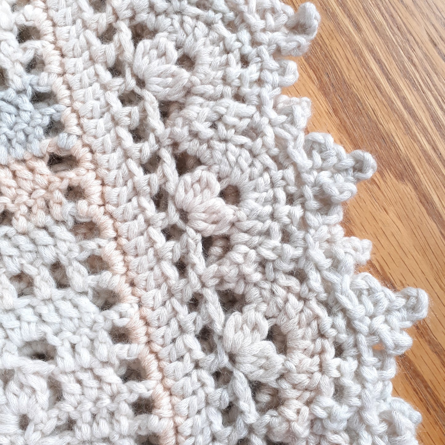 Handmade Crochet Baby Blanket Royalty Shaded Ivory Gray Peach Cotton Blend