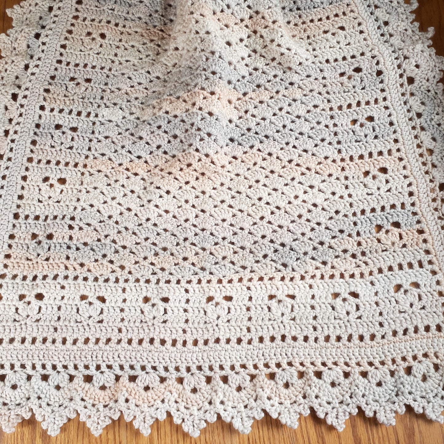 Handmade Crochet Baby Blanket Royalty Shaded Ivory Gray Peach Cotton Blend