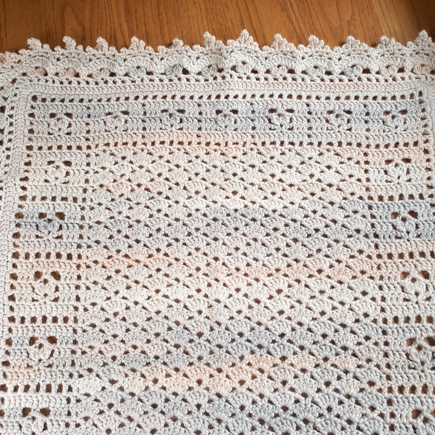 Handmade Crochet Baby Blanket Royalty Shaded Ivory Gray Peach Cotton Blend