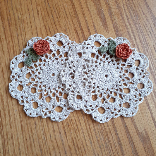Handmade Crochet Accent Doily Set of 2 Papaya Rose Doilies Coasters