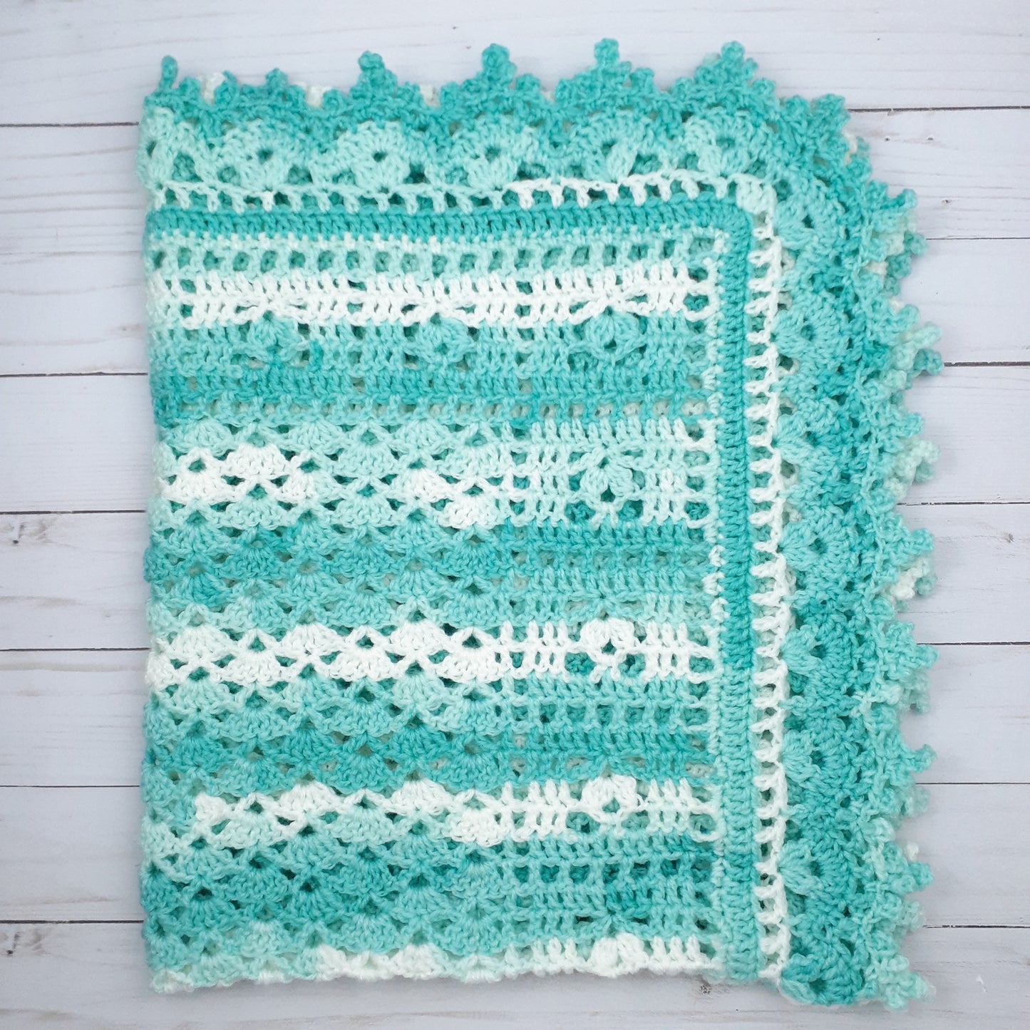 Handmade Crochet Baby Blanket Royalty Shaded Green White