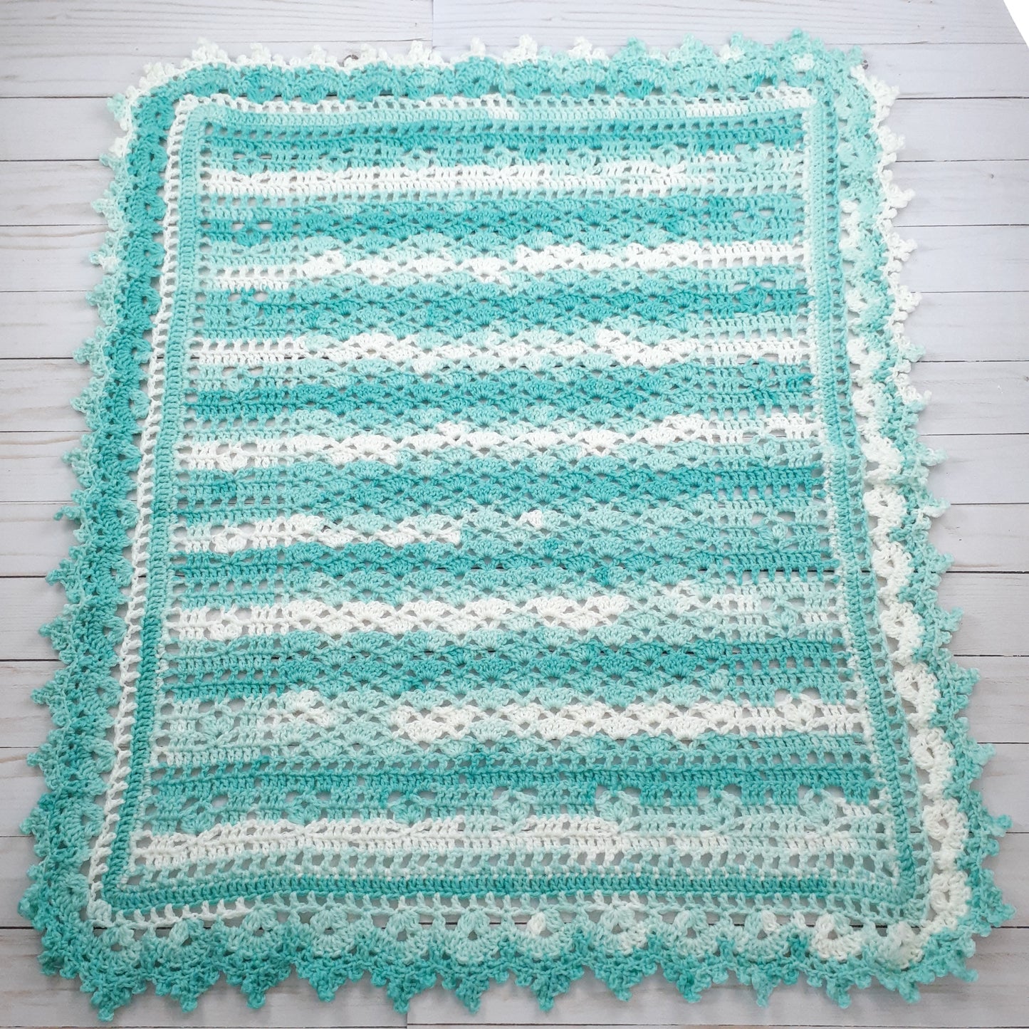 Handmade Crochet Baby Blanket Royalty Shaded Green White