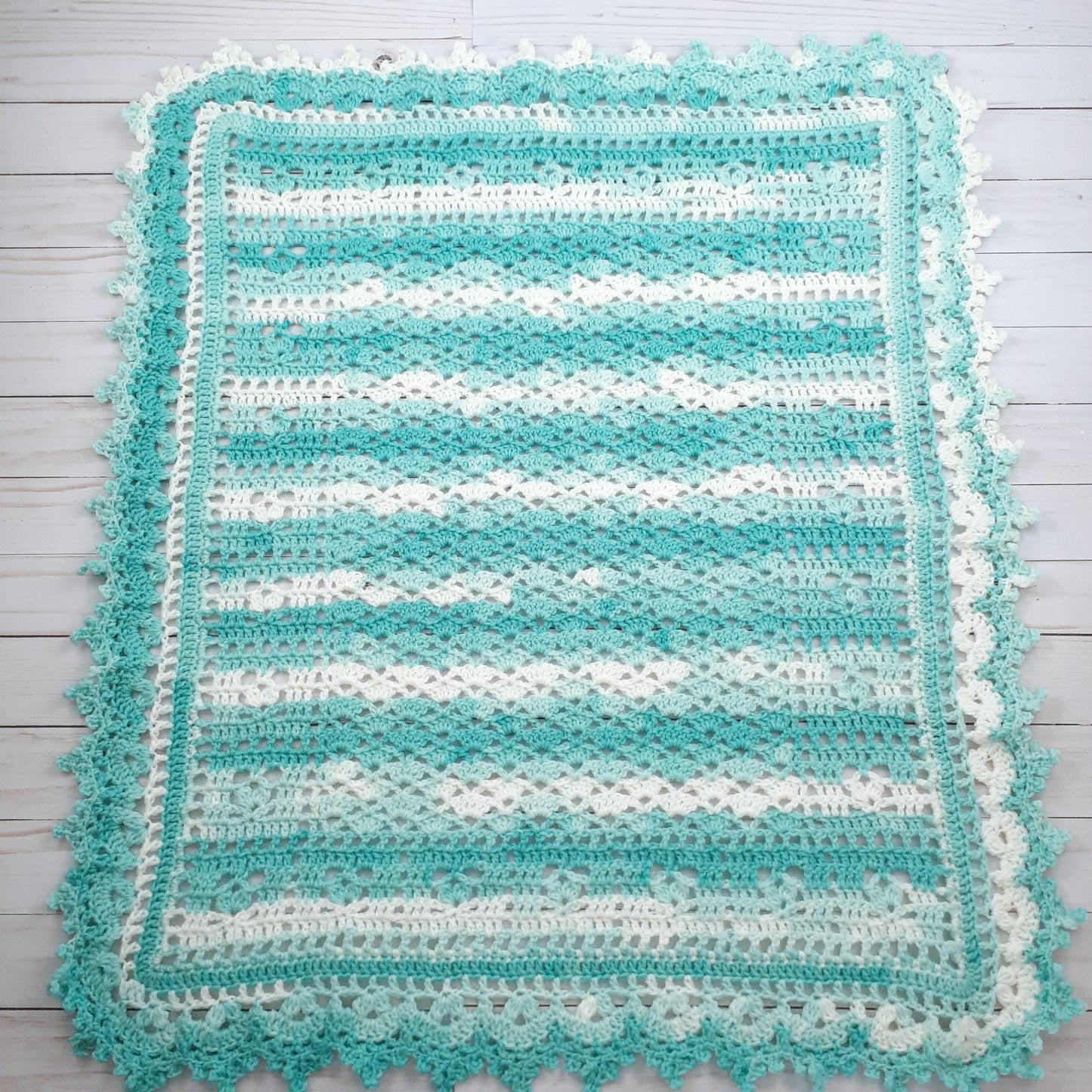 Handmade Crochet Baby Blanket Royalty Shaded Green White