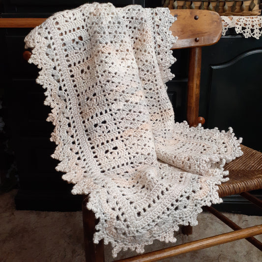 Handmade Crochet Baby Blanket Royalty Shaded Ivory Gray Peach Cotton Blend
