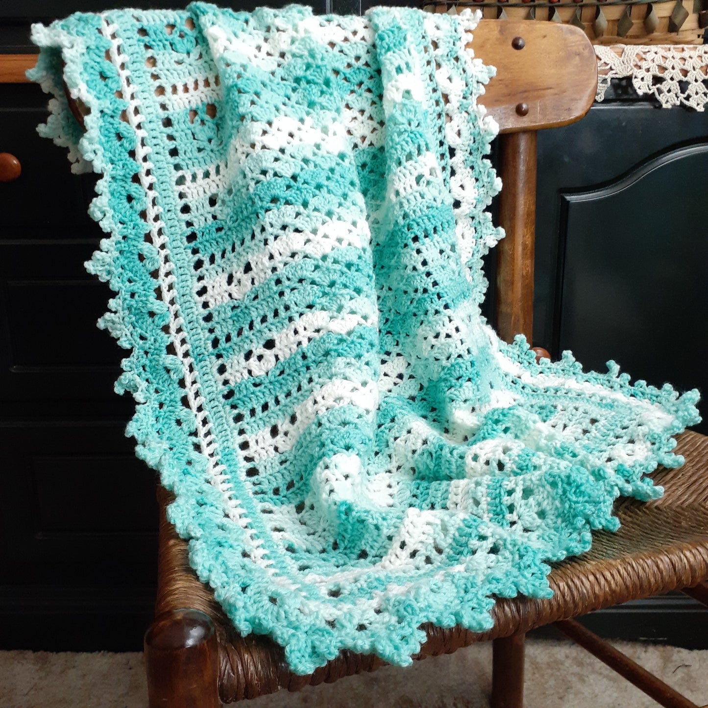Handmade Crochet Baby Blanket Royalty Shaded Green White