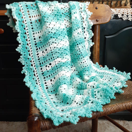 Handmade Crochet Baby Blanket Royalty Shaded Green White