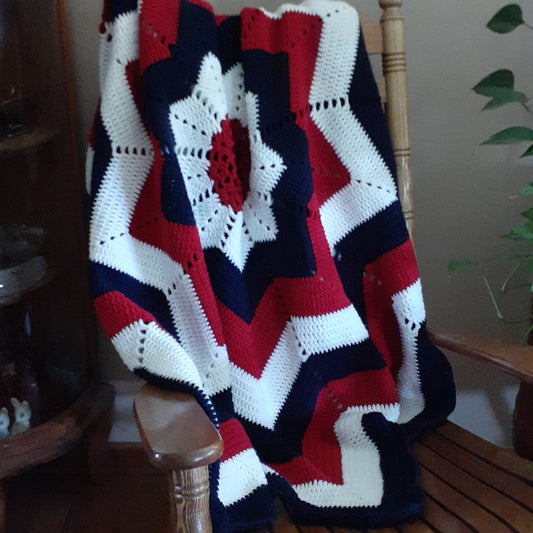 New Handmade Crochet Americana Star Blanket Afghan Red White Blue Patriotic