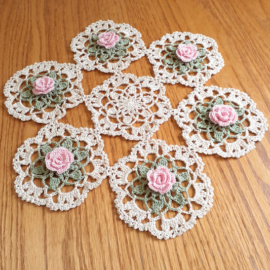 Handmade Crochet Doily Rose Vine Pink Floral Flowers