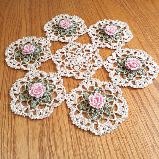 Handmade Crochet Doily Rose Vine Pink Floral Flowers