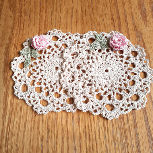 Handmade Crochet Accent Doily Set of 2 Pink Rose Doilies Coasters