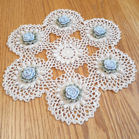 Handmade Bridal Blue Rose Crochet Doily Floral Flowers