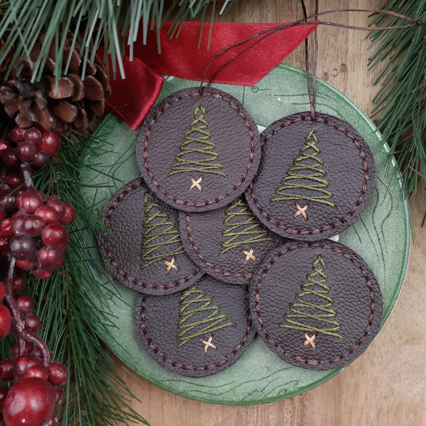 Handmade Leather Ornament Pine Tree Rustic Lodge Christmas Holiday