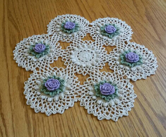 Handmade Lilac Rose Crochet Doily Floral Flowers