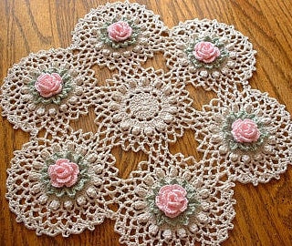Handmade Pink Rose Crochet Doily Floral Flowers