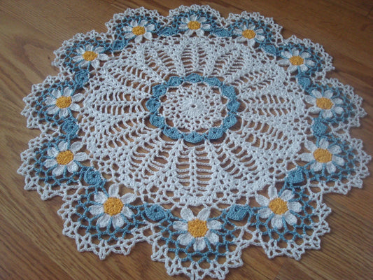 Handmade Crochet Doily Circle of White Daisies Floral Flowers Daisy Blue Accents