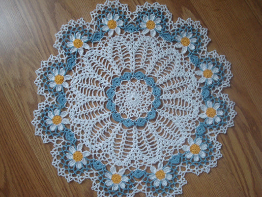 Handmade Crochet Doily Circle of White Daisies Floral Flowers Daisy Blue Accents