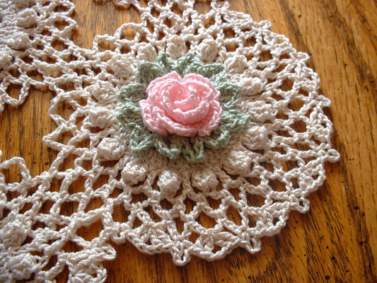 Handmade Pink Rose Crochet Doily Floral Flowers