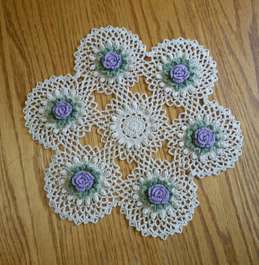 Handmade Lilac Rose Crochet Doily Floral Flowers